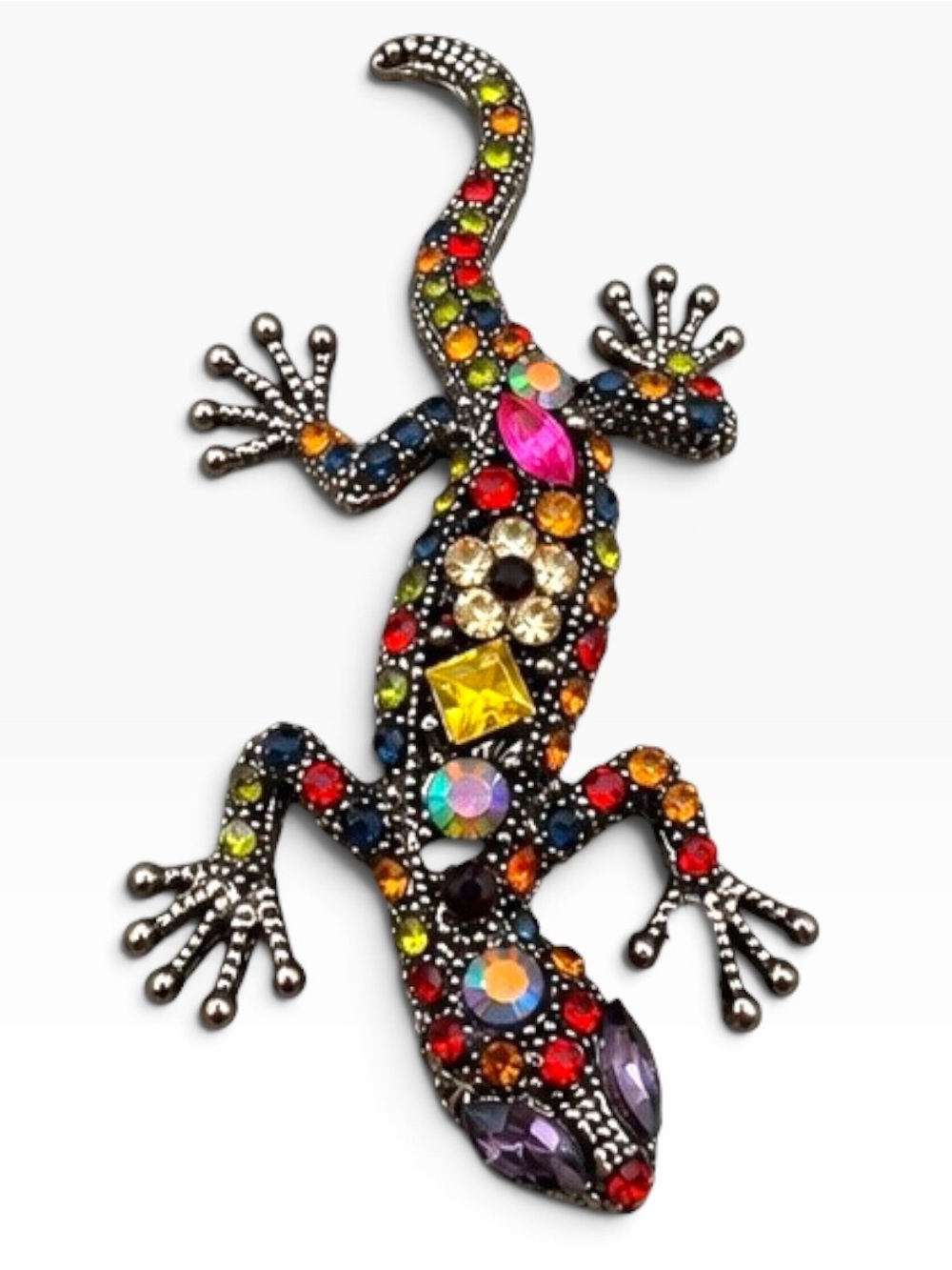 Multicolor Rhinestone Gecko Lizard Brooch Silver Tone Crystal Statement Pin
